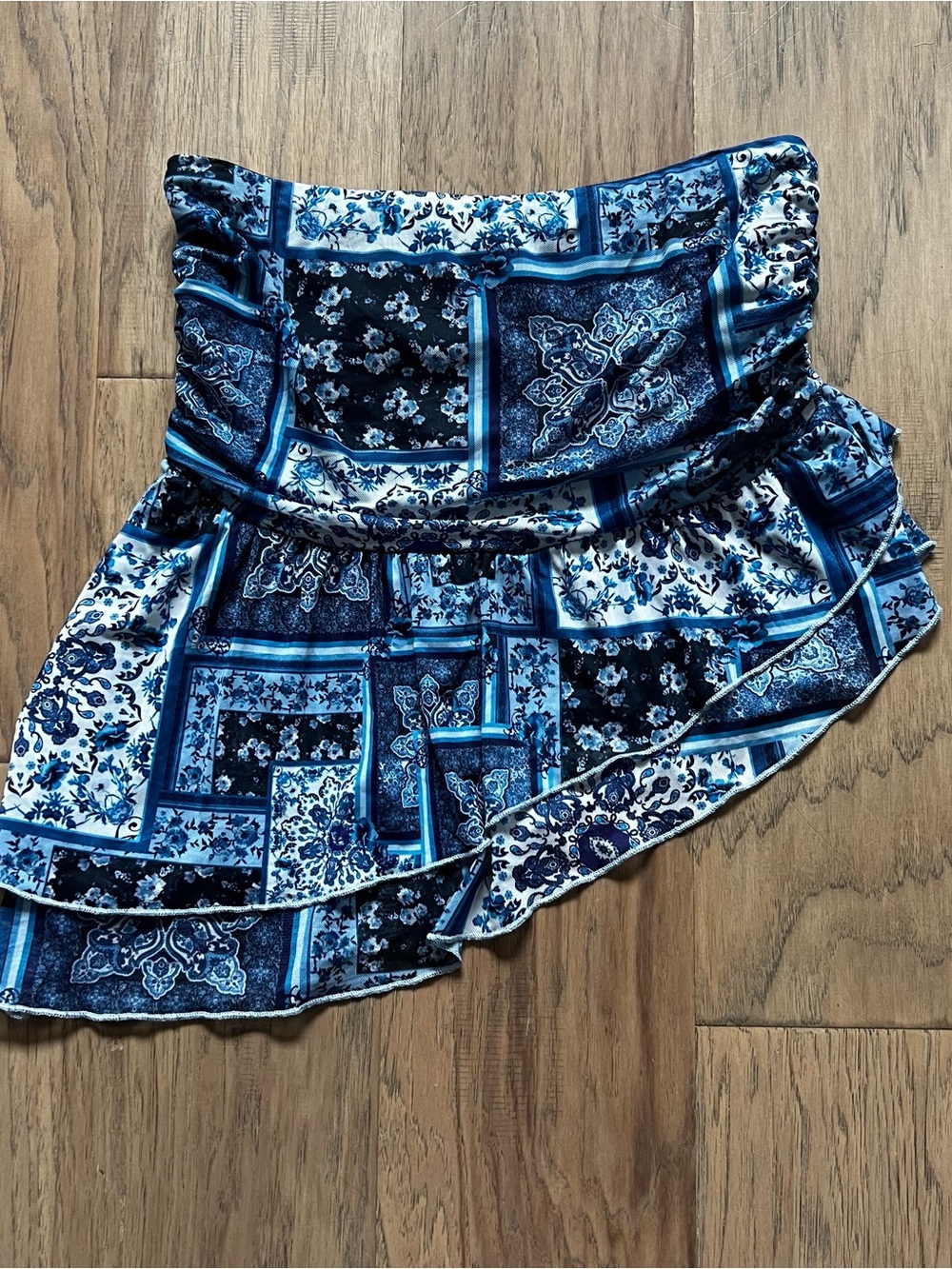 Electric Behaviour Blue Patchwork Asymmetrical Tube Top Sz M